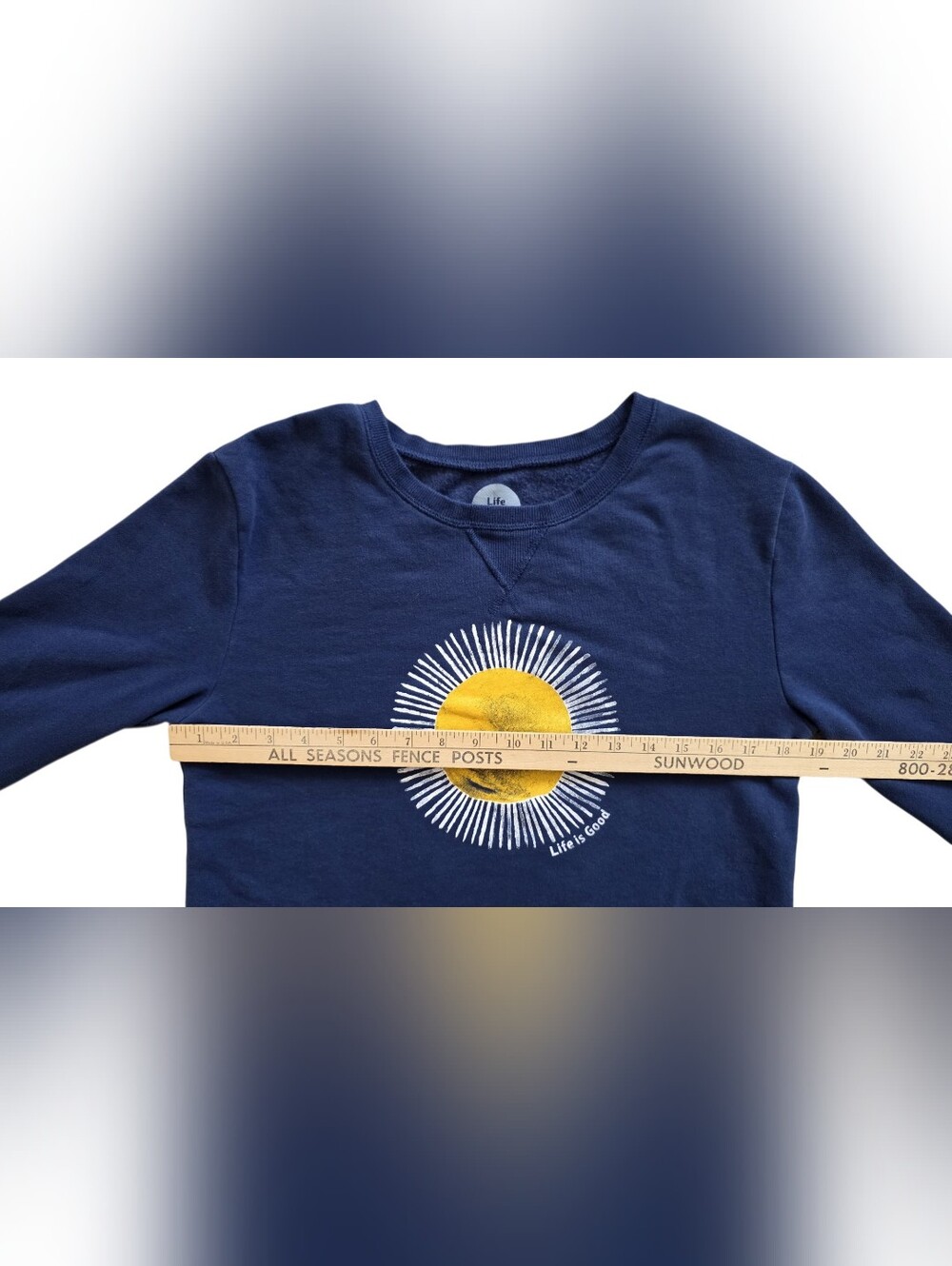Life Is Good Small Navy Blue Sun Graphic Crewneck Casual Cozy Sweatshirt - Picture 6 of 9